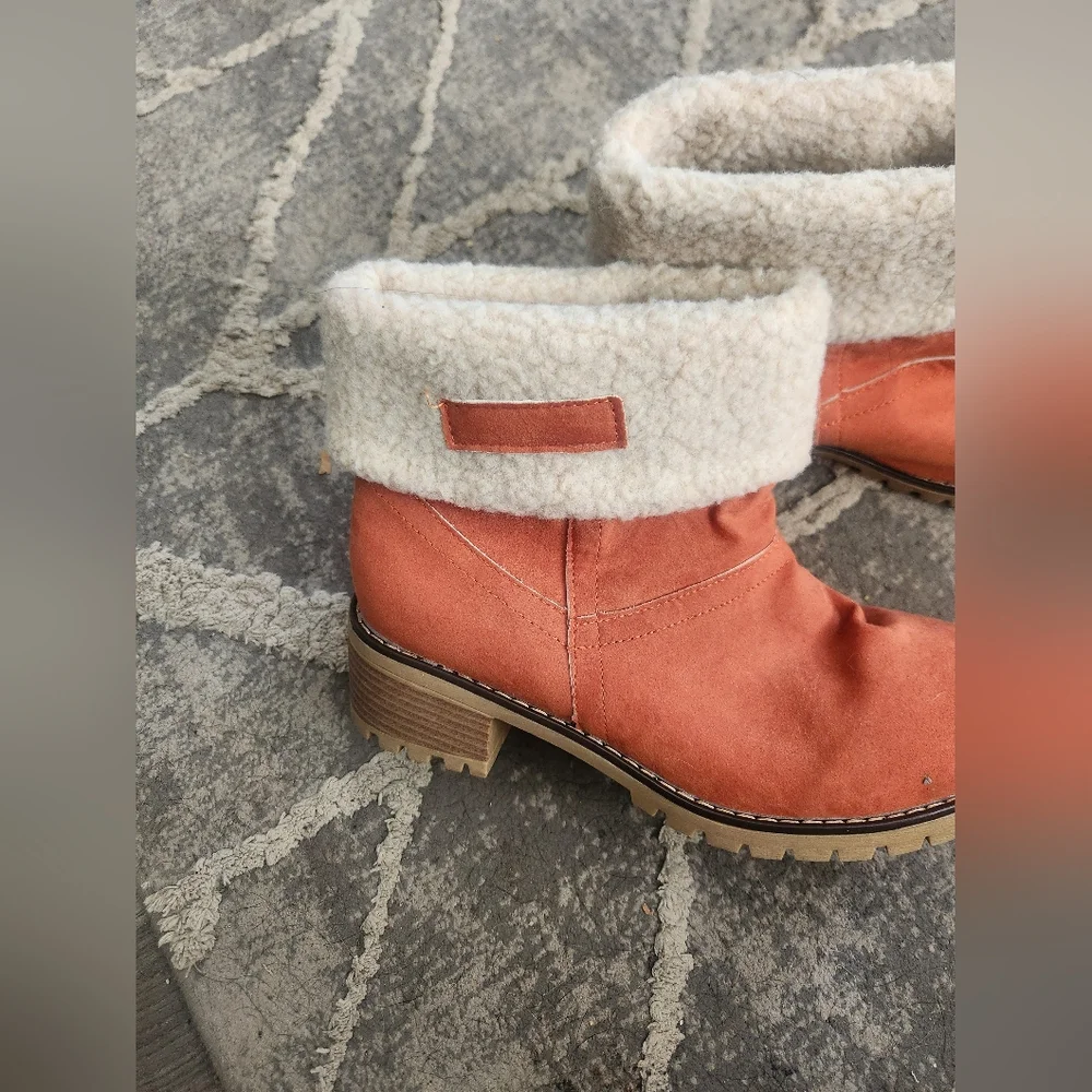 Cozy Orange Suede Ankle Boots with Fuzzy Faux Fur Lining With A Block Heel